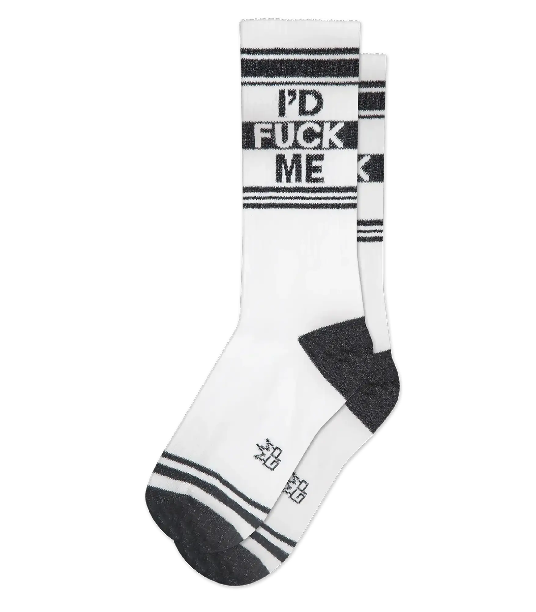 White athletic crew socks with black stripes and bold text I’d fuck me across the calf with dark gray toe and heel
