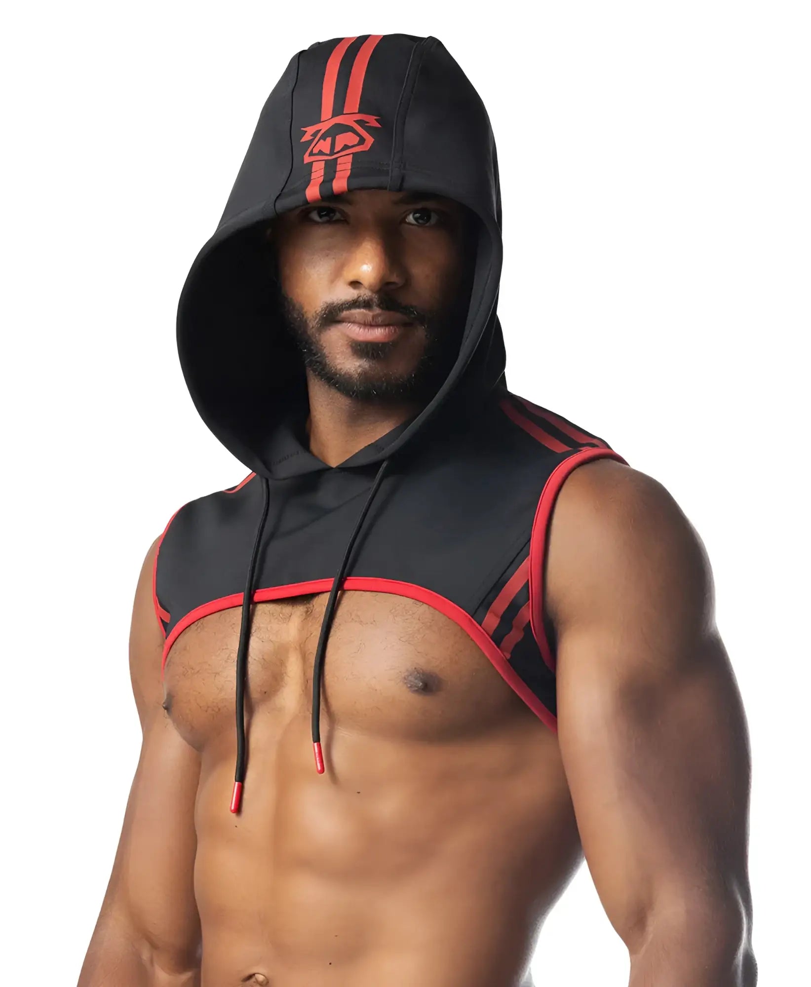 Ignite cropped hoodie black and red sleeveless with bold stripes and matching red embroidered logo on hood and shoulders