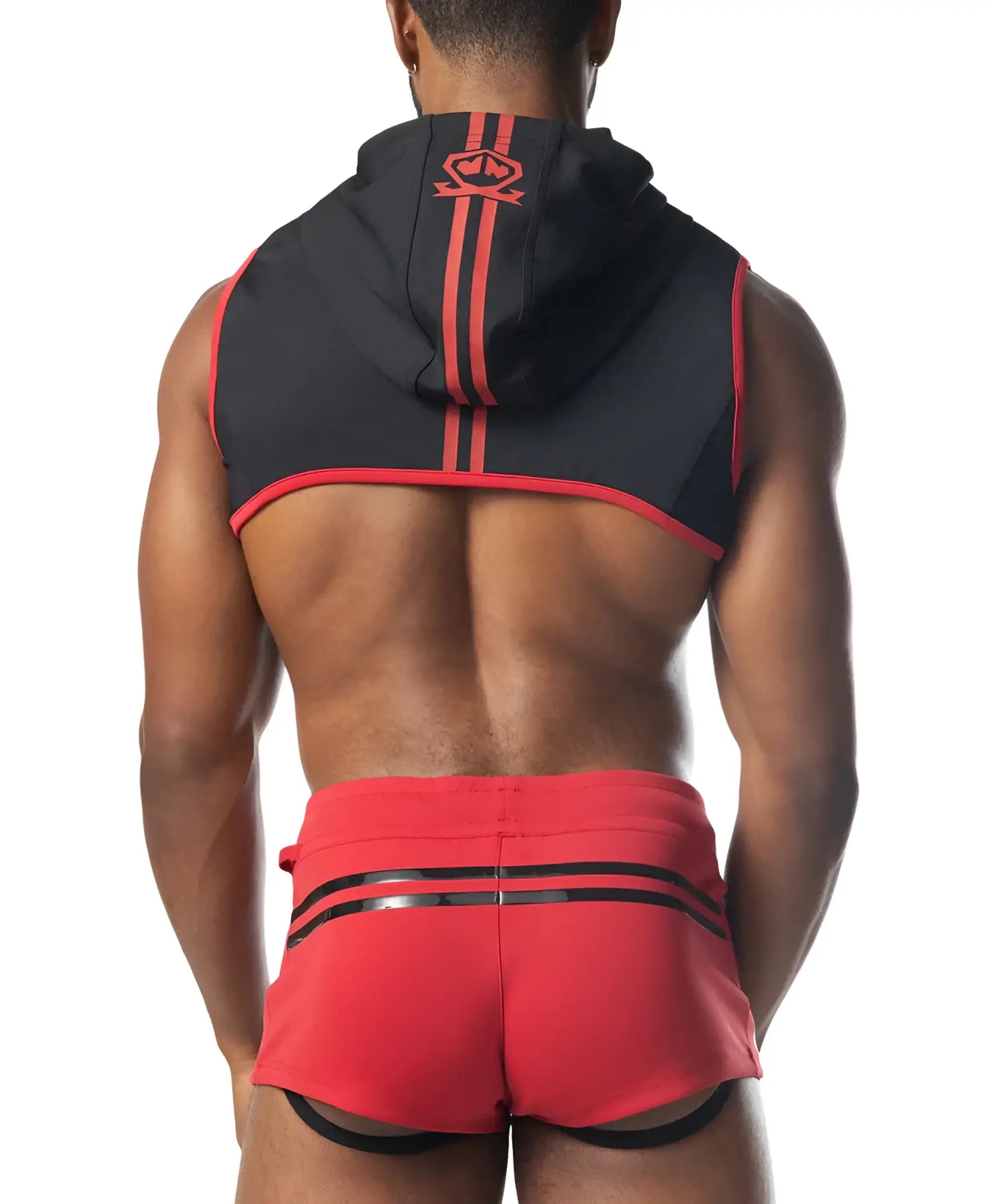 Back side of black and red ignite cropped hoodie with hood two vertical orange stripes and embroidered logo