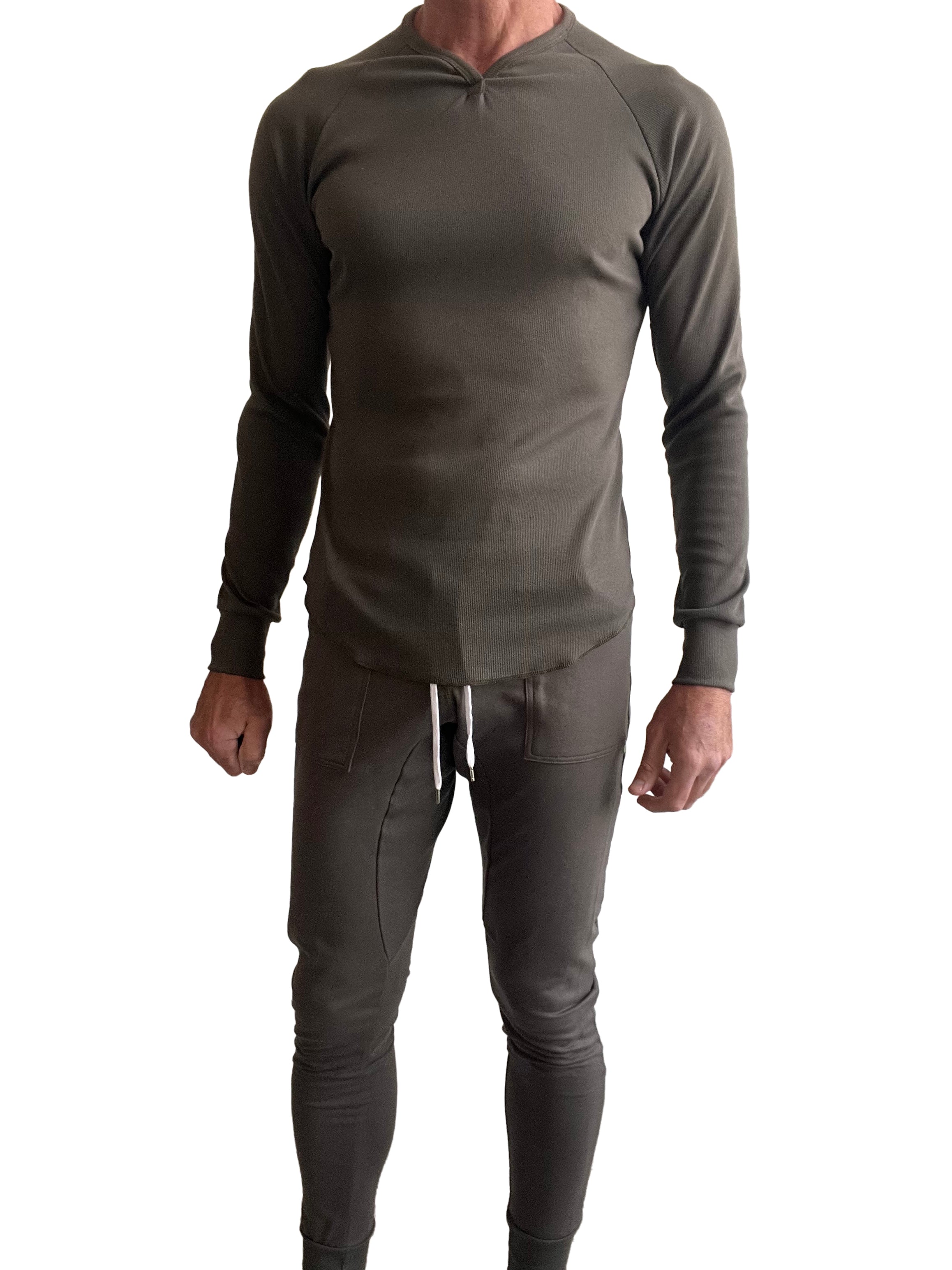 Olive green thermal v-neck long sleeve hoodie and matching joggers set made from warm fabric for casual wear
