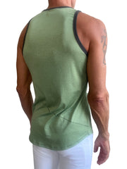 A men’s olive green tank top with black trim along the neckline and armholes called the perfect tank sage green