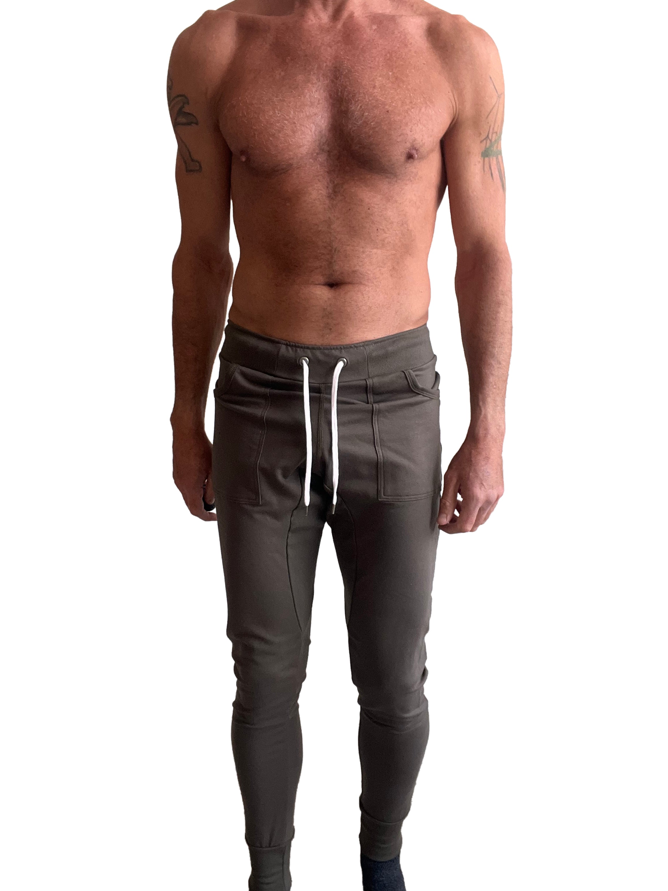 Dark olive long cuffed jogger and yoga sweat pants with white drawstrings and side pockets in army green color