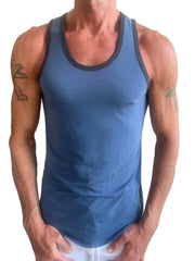 Blue athletic tank top the perfect tank denim blue with dark gray trim for workout or casual wear
