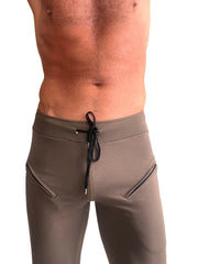 Mens 4/5 zipper pocket capri yoga pants in gray with ribbed waistband black drawstring and angled side pockets