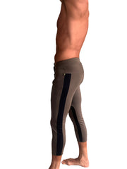 Mens 4/5 zipper pocket capri yoga pants in army green with black stripes and a high-waisted design
