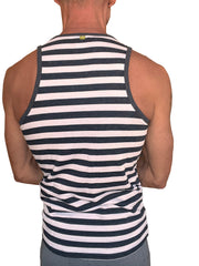 A men’s black and white striped tank top with ribbed neckline and armholes made from nautical fleece sustain material