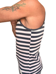 A fitted yummy nautical fleece sustain tank top in black and white stripe with bold horizontal stripes and a round neckline