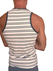 Men’s Yummy Nautical Fleece Sustain tank top with cream and dark gray stripes and ribbed neckline and armholes