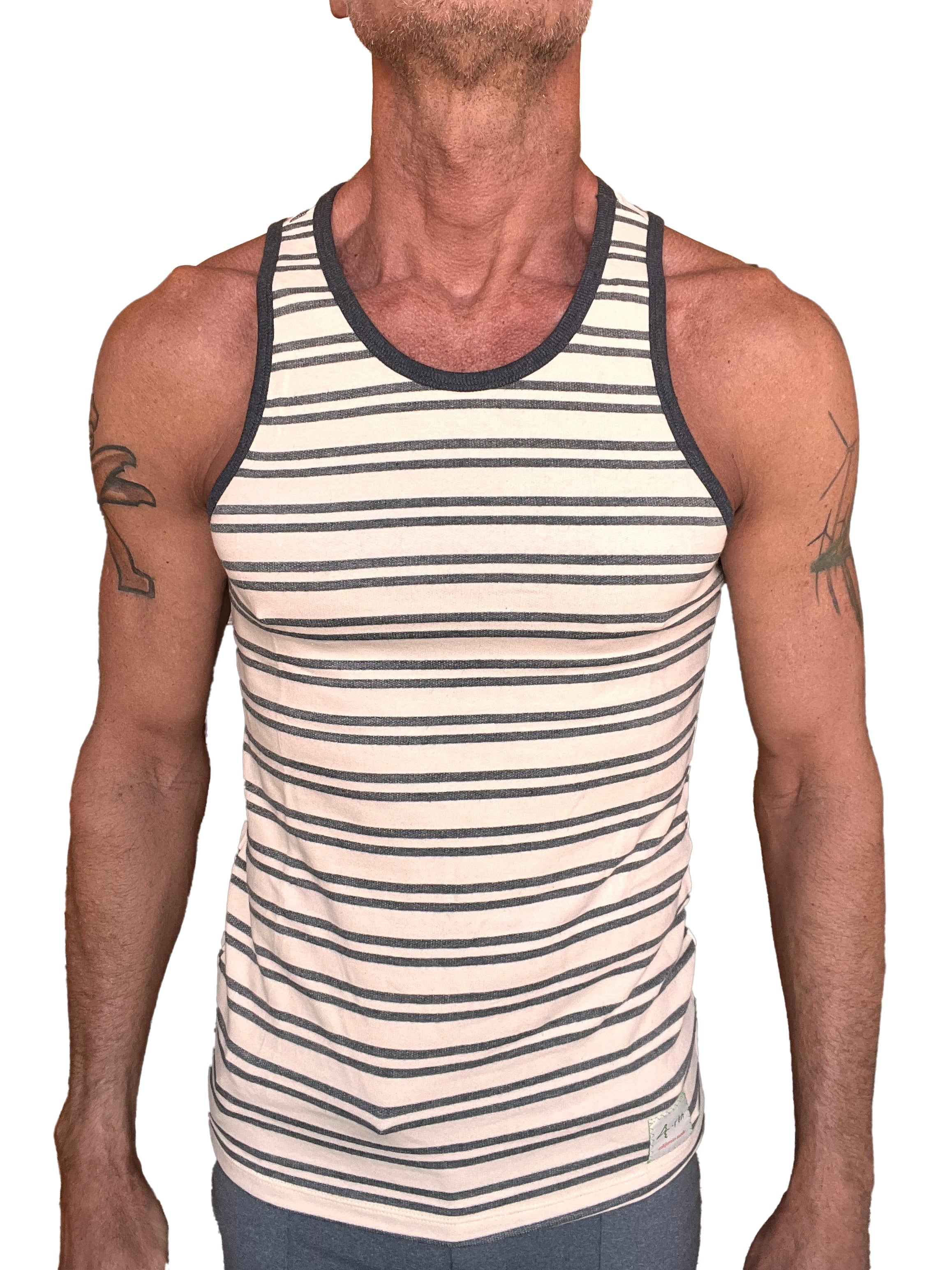 Men’s yummy nautical fleece sustain tank top in dark gray stripe with horizontal cream stripes and ribbed trim