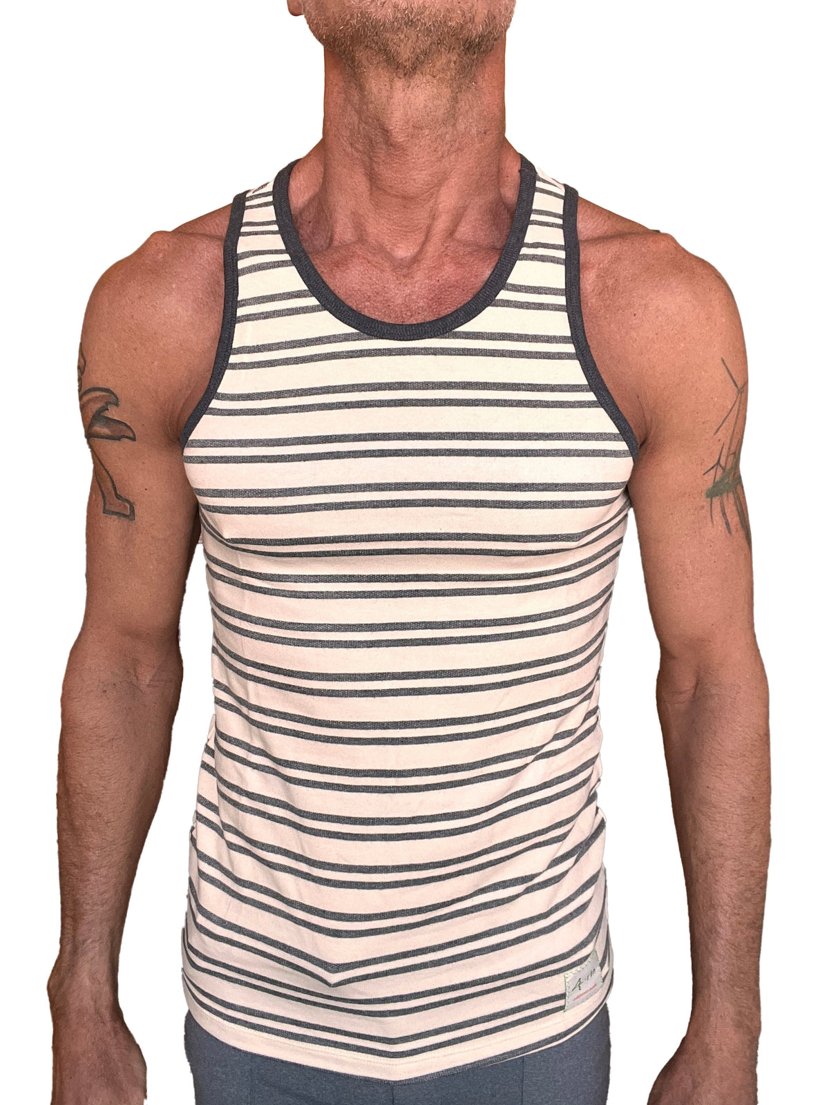 Men’s yummy nautical fleece sustain tank top in dark gray stripe with horizontal cream stripes and ribbed trim