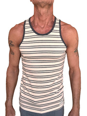 Men’s yummy nautical fleece sustain tank top in dark gray stripe with horizontal cream stripes and ribbed trim
