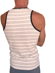 A men’s white and gray striped Yummy Nautical fleece sustain tank top with black trim in light gray stripe