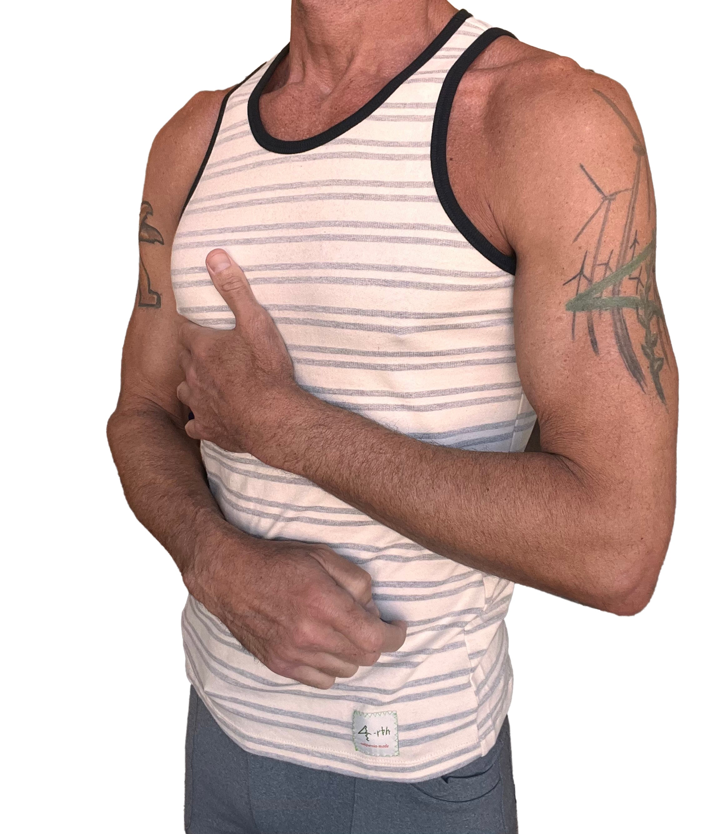 Yummy Nautical fleece sustain tank top in light gray stripe with off-white and gray horizontal stripes and black trim