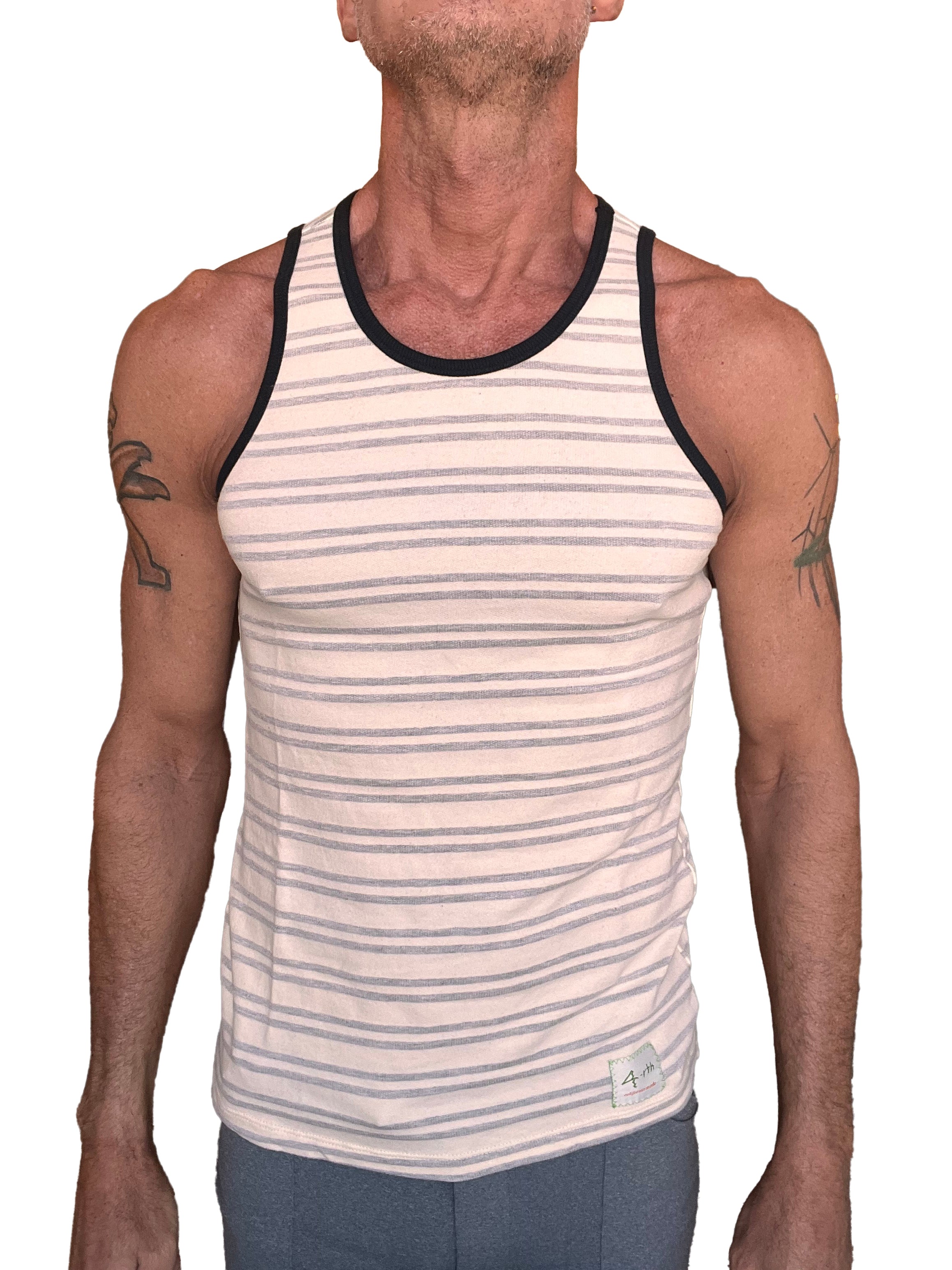 A men’s light gray stripe yokmun nautical fleece sustain tank top with cream and gray stripes and black ribbed edges