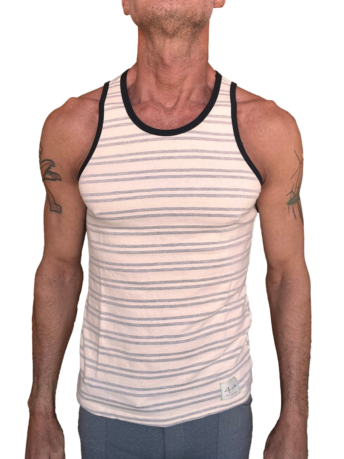 A men’s light gray stripe yokmun nautical fleece sustain tank top with cream and gray stripes and black ribbed edges