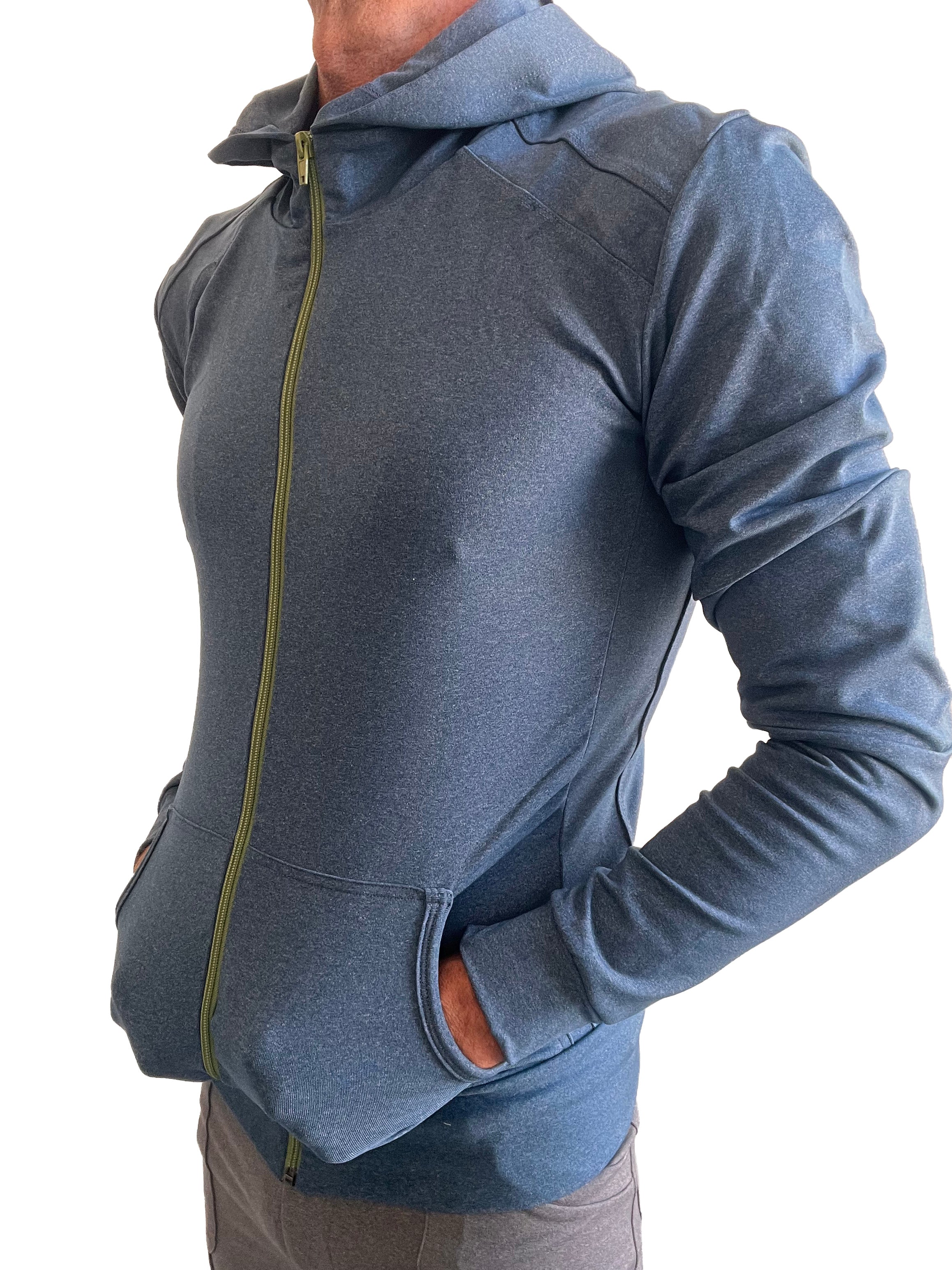 Performance-premium form-fit crossover yoga track hoodie in coral blue heather with olive green zipper and ribbed cuffs