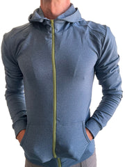 Performance premium form-fit crossover yoga track hoodie in coral blue heather with lime green zip for activewear