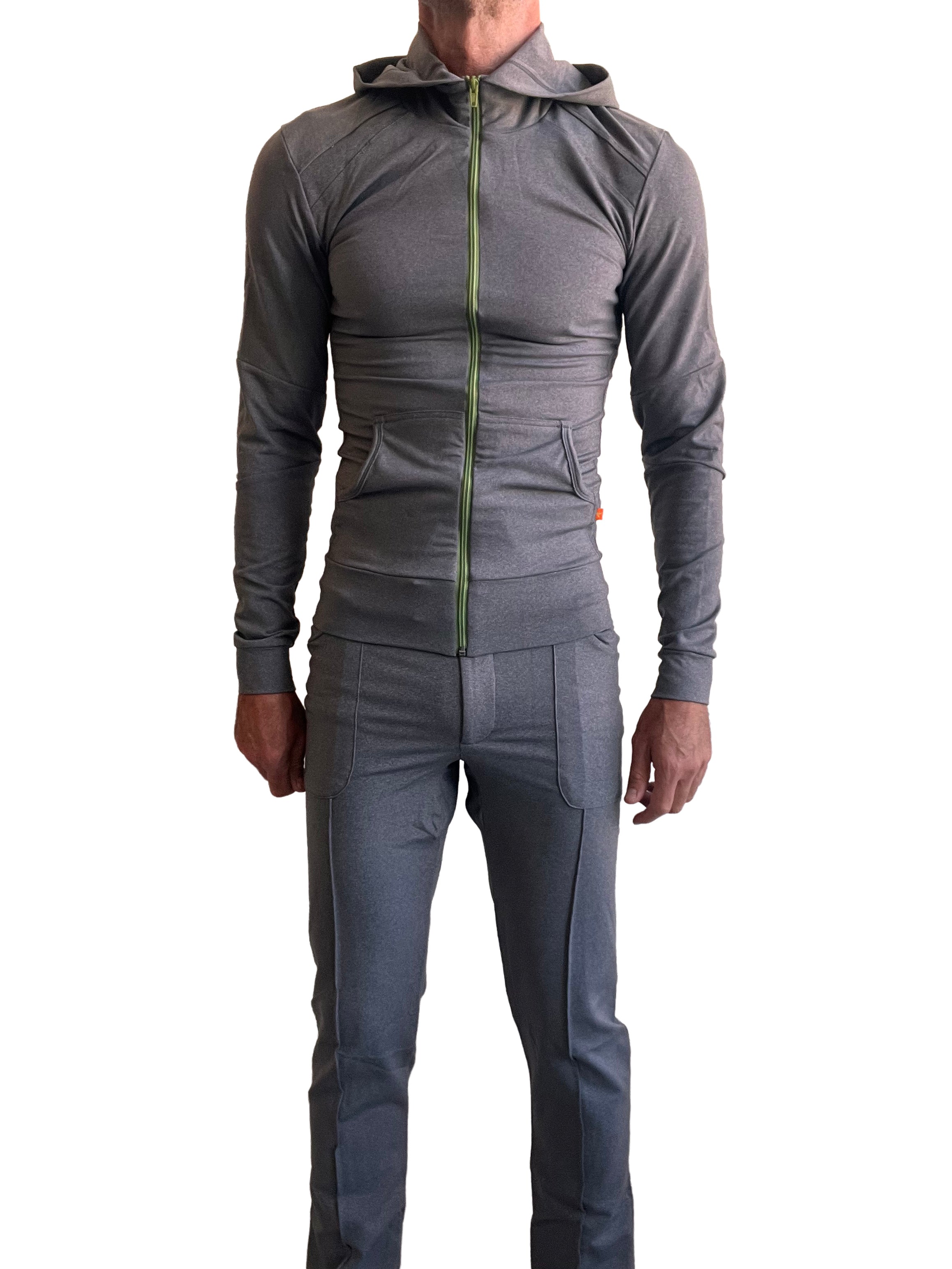 Performance premium tactical urban dress pant yoga pant set in dark grey heather with lime green zipper accent
