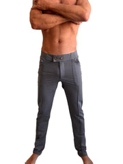Gray slim-fit tactical urban dress pant with buttoned waistband and subtle side pockets in dark grey heather