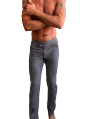 Gray slim-fit performance tactical urban dress pant with button closure front pockets in dark grey heather