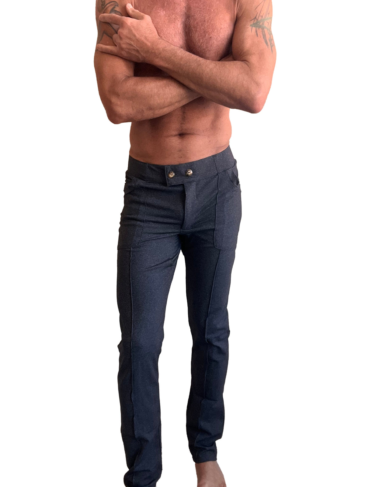 Dark blue tailored denim pants with buttoned waistband from performance premium tactical urban dress pant yoga pant charcoal heather collection