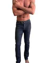 Dark blue tailored denim pants with buttoned waistband from performance premium tactical urban dress pant yoga pant charcoal heather collection