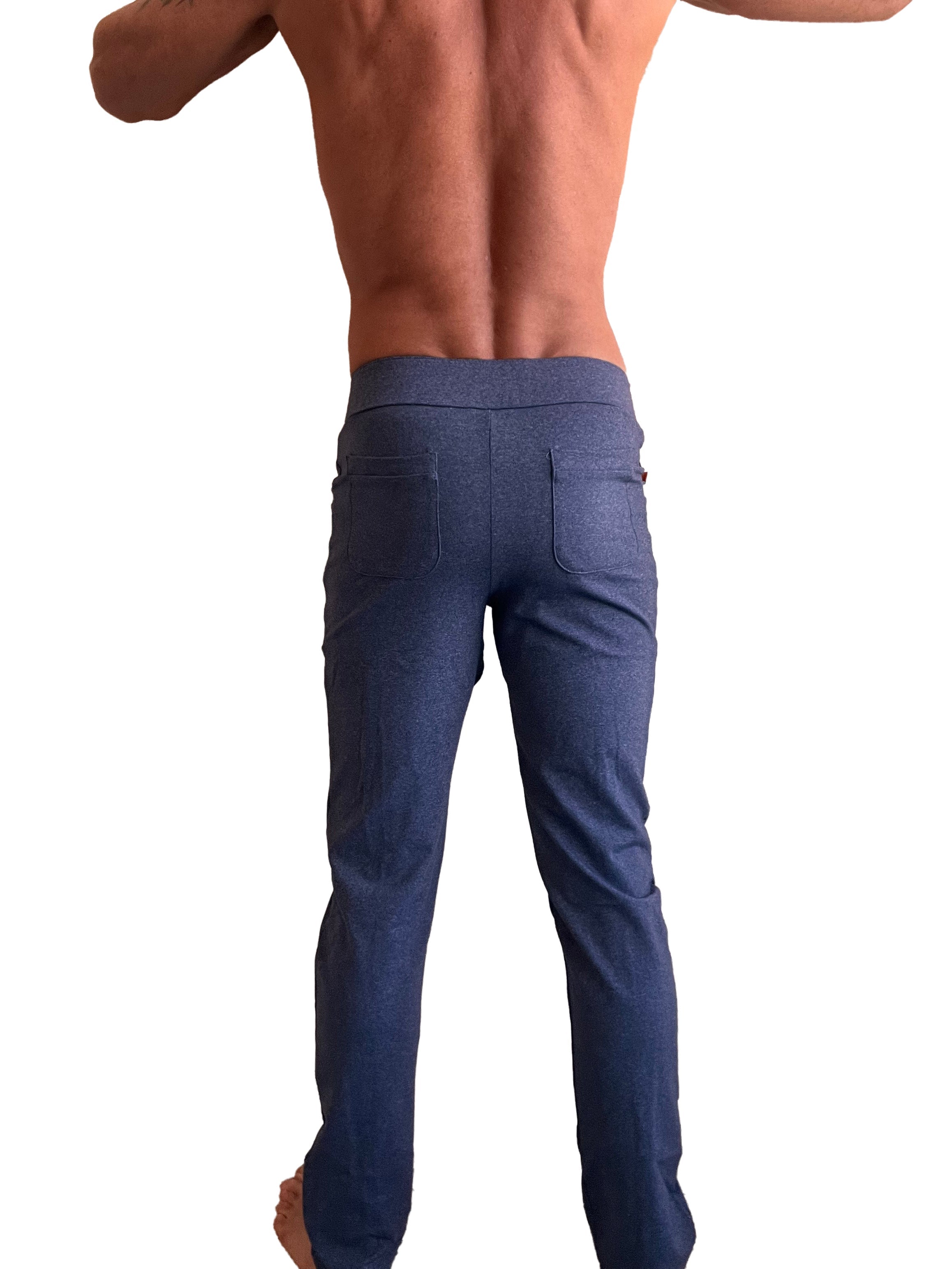 Back side of performance premium tactical urban dress pant yoga pant in navy blue heather slim fit denim jeans