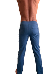 Back side of blue slim fit denim performance premium tactical urban dress pant yoga pant with two rear pockets