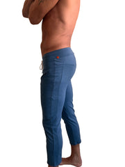 Performance premium mens coral blue heather 4/5 zipper pocket capri yoga pants with drawstring waistband and side pockets