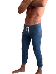 Blue coral heather performance premium mens 4/5 zipper pocket capri yoga pants with white drawstring and side pockets