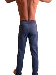 Dark blue slim-fit performance track and lounge sweat pant with stretchy waistband and subtle side seam detailing