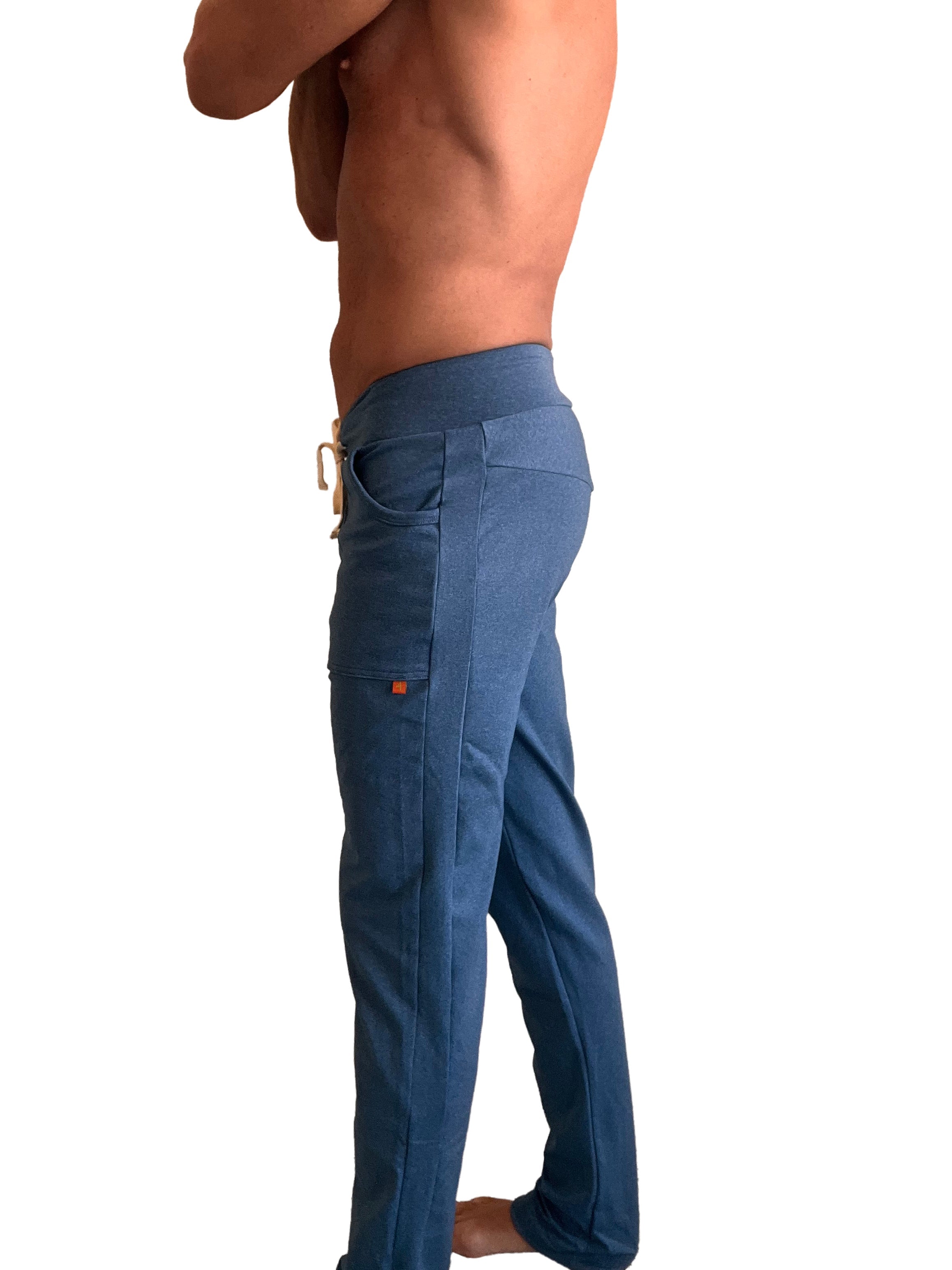 Performance premium track and lounge sweat pant in coral blue heather with blue denim cargo style and orange brand tag