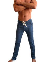 Navy blue performance premium track and lounge sweat pant with white drawstring waistband and two front pockets