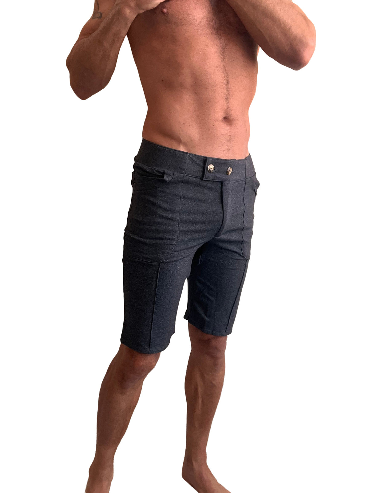 Performance premium urban tactical dress shorts in charcoal heather made of dark gray durable fabric with tailored fit and stitching details
