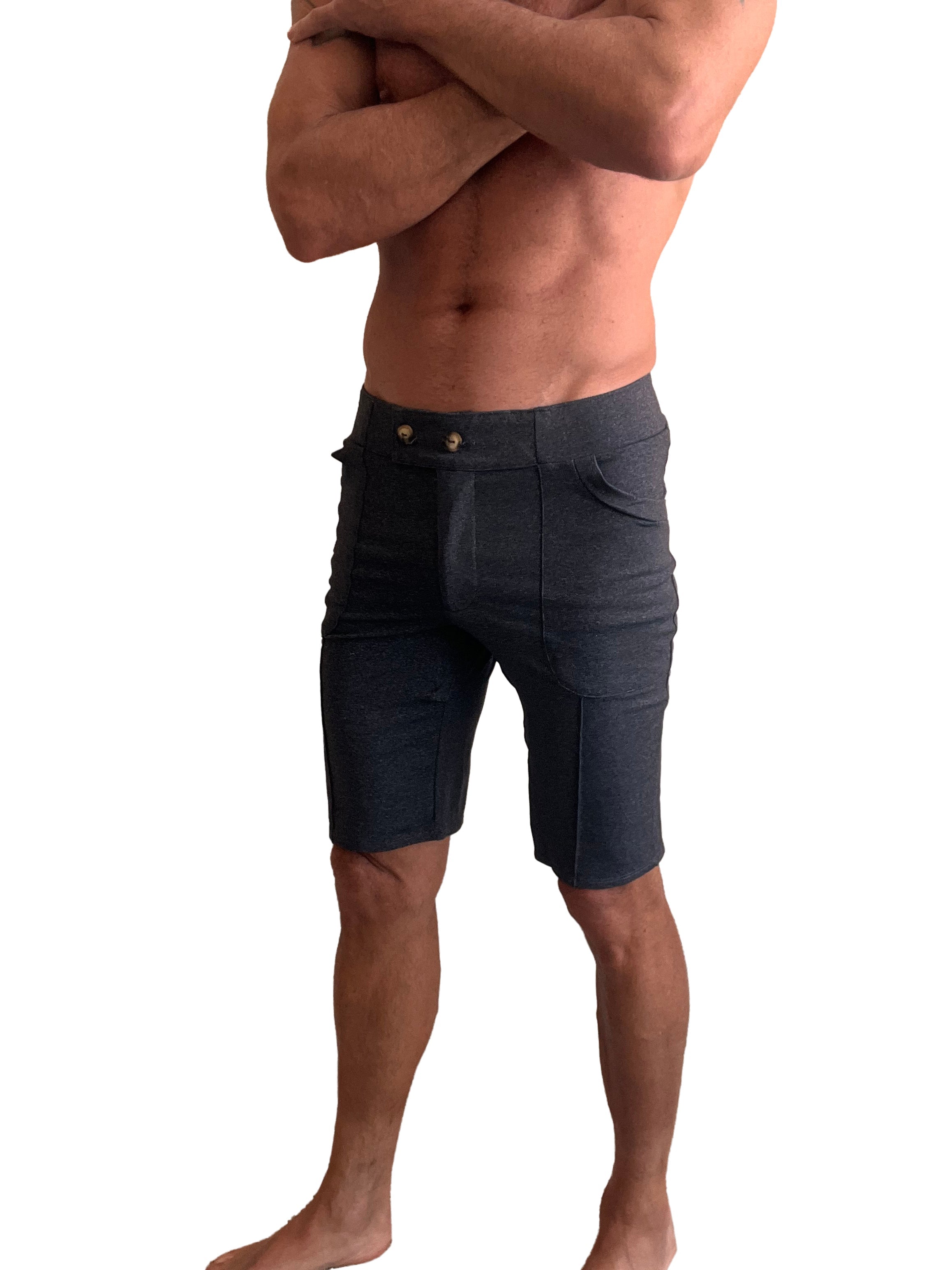 Performance premium urban tactical dress shorts in charcoal heather with dark gray denim fabric and gold-tone button waistband
