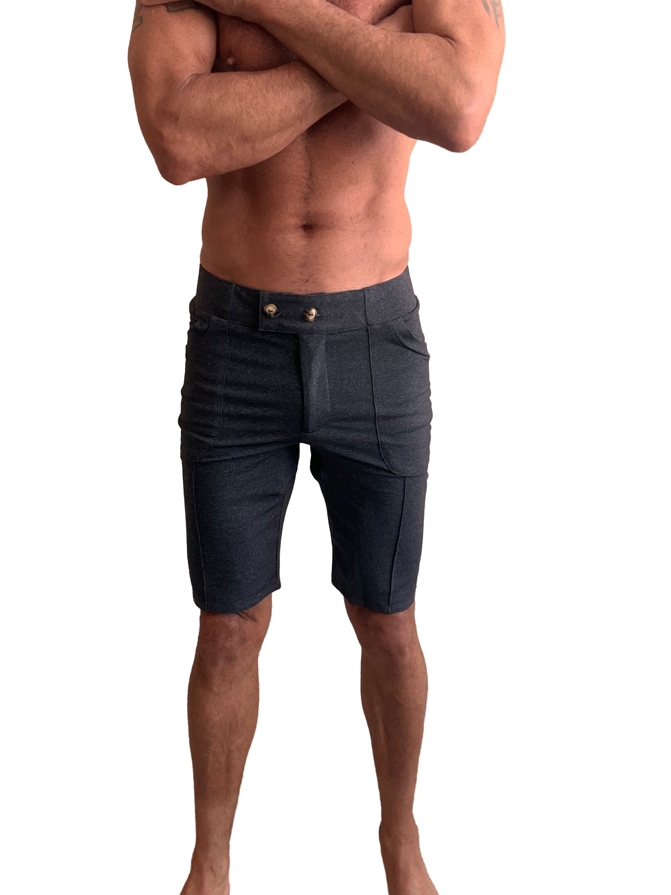 Performance premium urban tactical dress shorts are dark blue denim with a tailored fit and gold-tone button closures