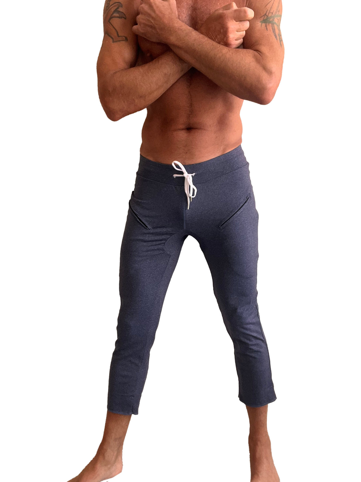 PERFORMANCE Pantalon de yoga Capri pour homme, 4/5 poches zippées, qualité supérieure (bleu marine chiné)