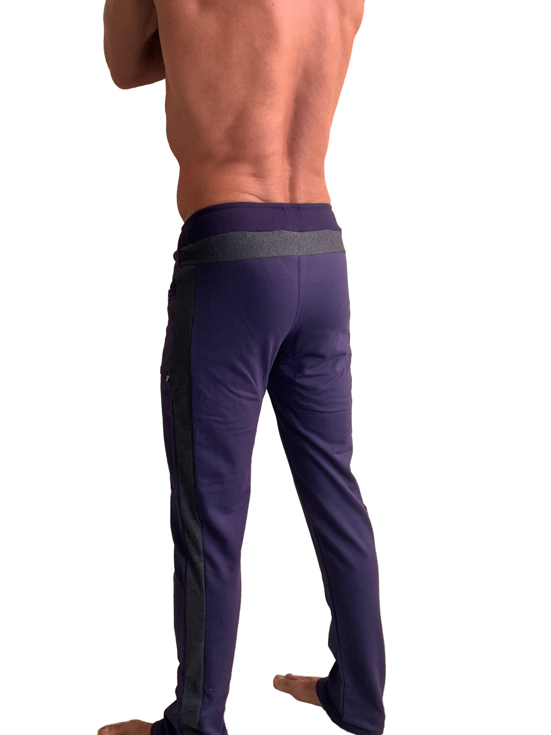 Eco-track and yoga sweat pant in eggplant with charcoal featuring navy blue fabric black side panels and gray waistband