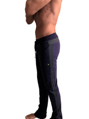 Eco-track and yoga sweat pant in eggplant with charcoal featuring a drawstring waist and side pockets