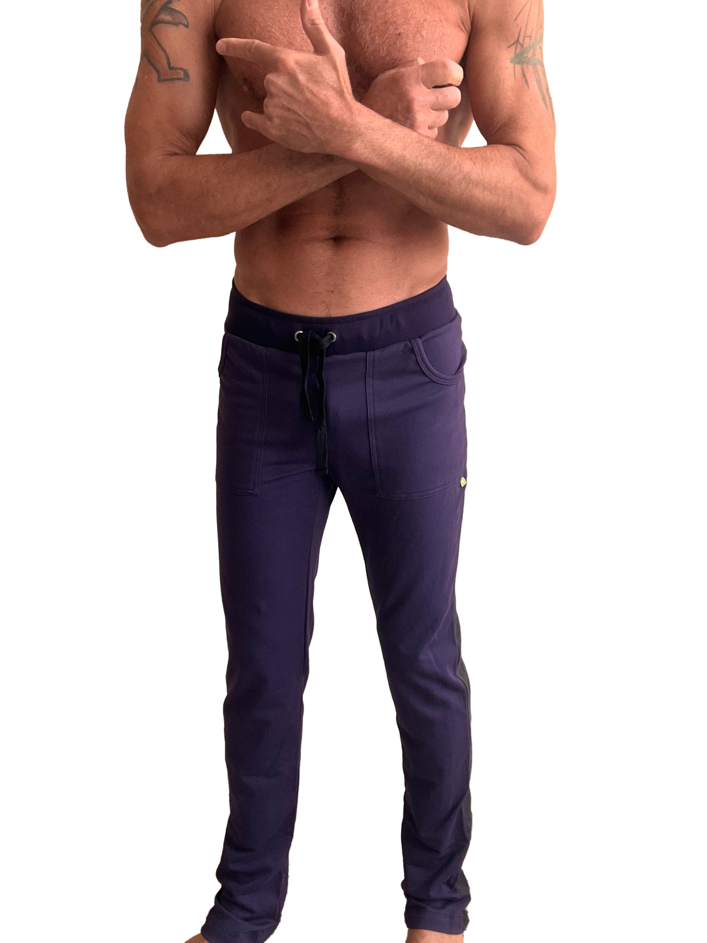 Eco-track and yoga sweat pant in eggplant with charcoal featuring a drawstring waistband and side pockets