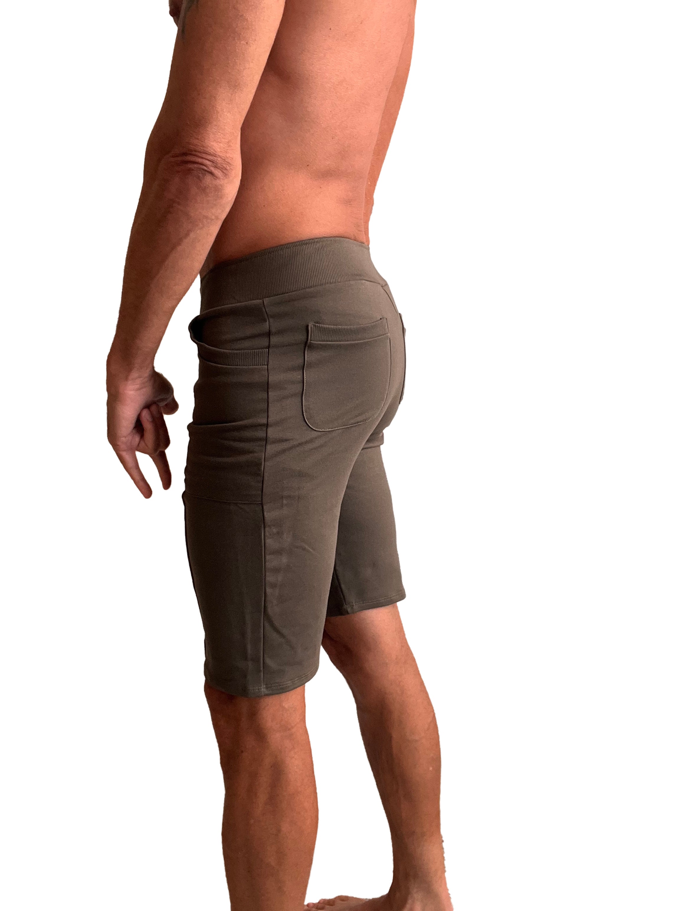 Olive green urban tactical at home dress shorts with stretchy elastic waistband and side pockets for comfort and utility