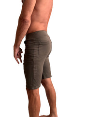 Olive green urban tactical at home dress shorts with stretchy elastic waistband and side pockets for comfort and utility