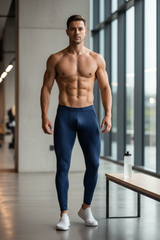 A pair of navy blue form-fitting Arroyman bulge runner tights worn by a man for athletic use