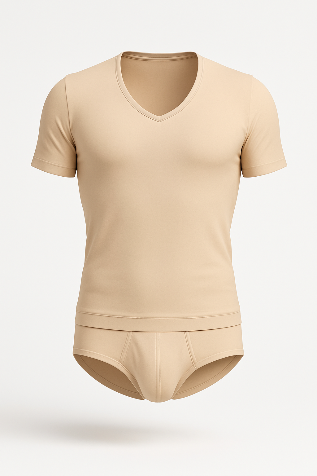 Beige v neck short-sleeved undershirt and matching briefs set by joe snyder in comfortable lightweight fabric