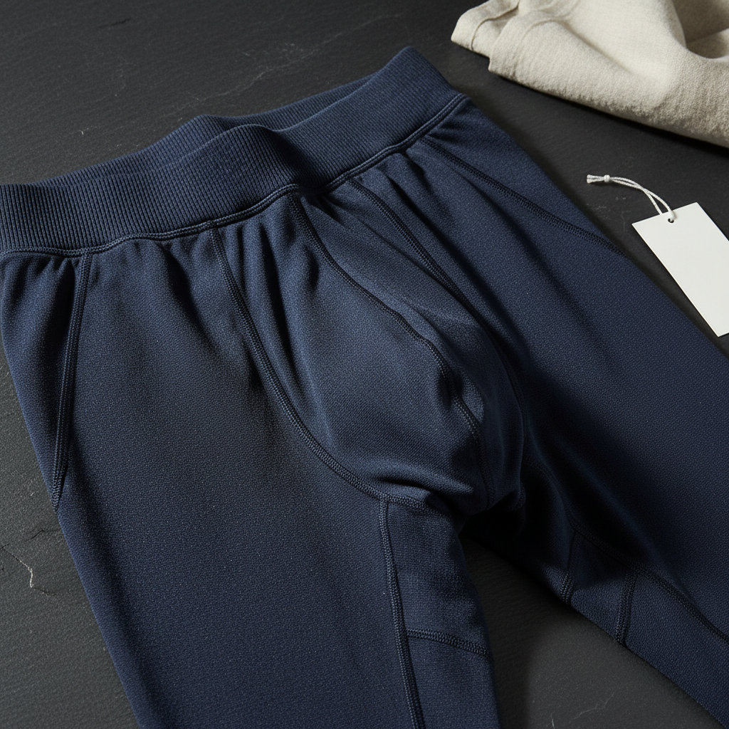 Navy blue arroyman bulge runner tights with ribbed elastic waistband and subtle seam detailing in athletic sweatpants style