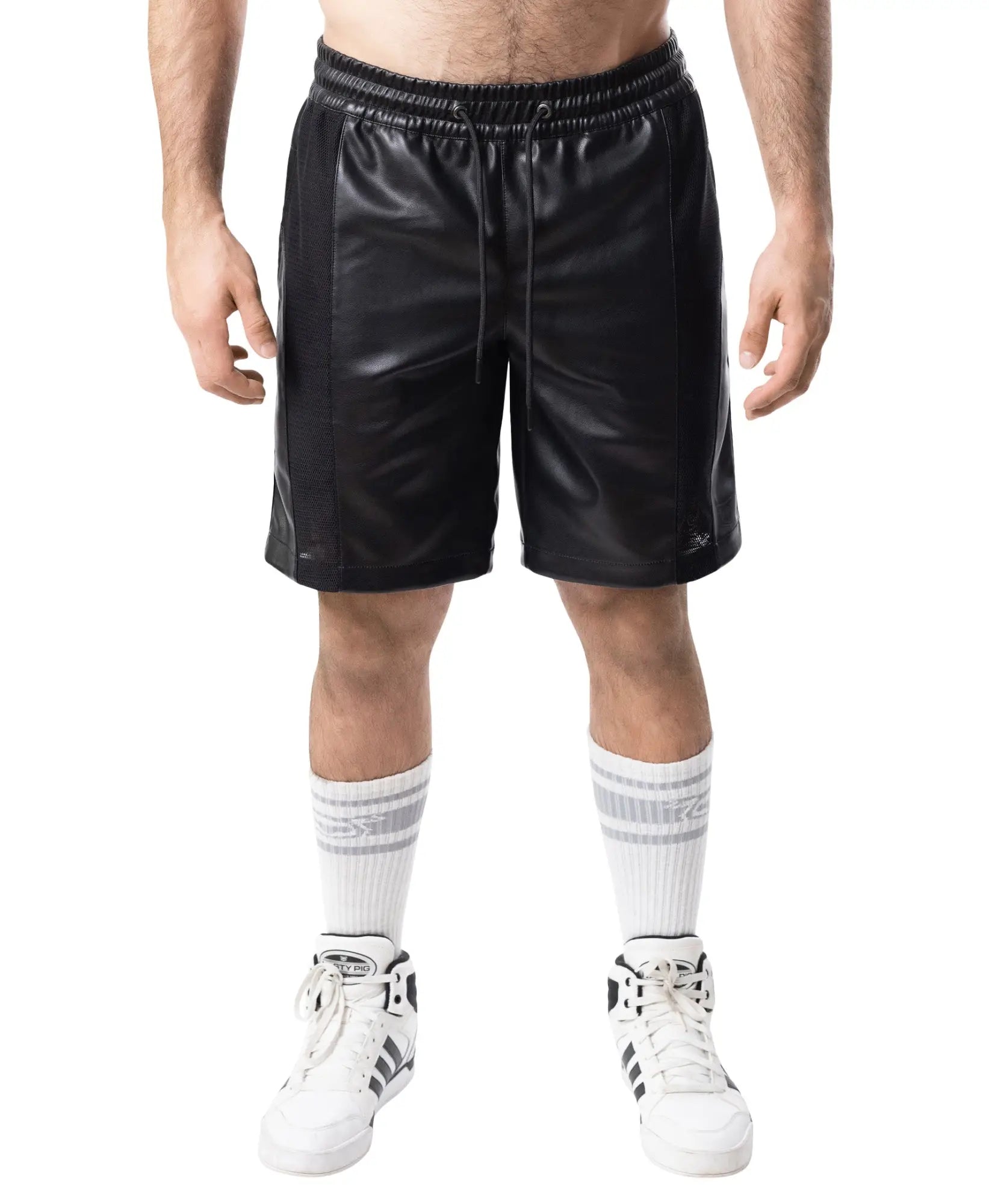 Intake classic short black faux leather shorts with drawstring waistband and side seam stitching front view