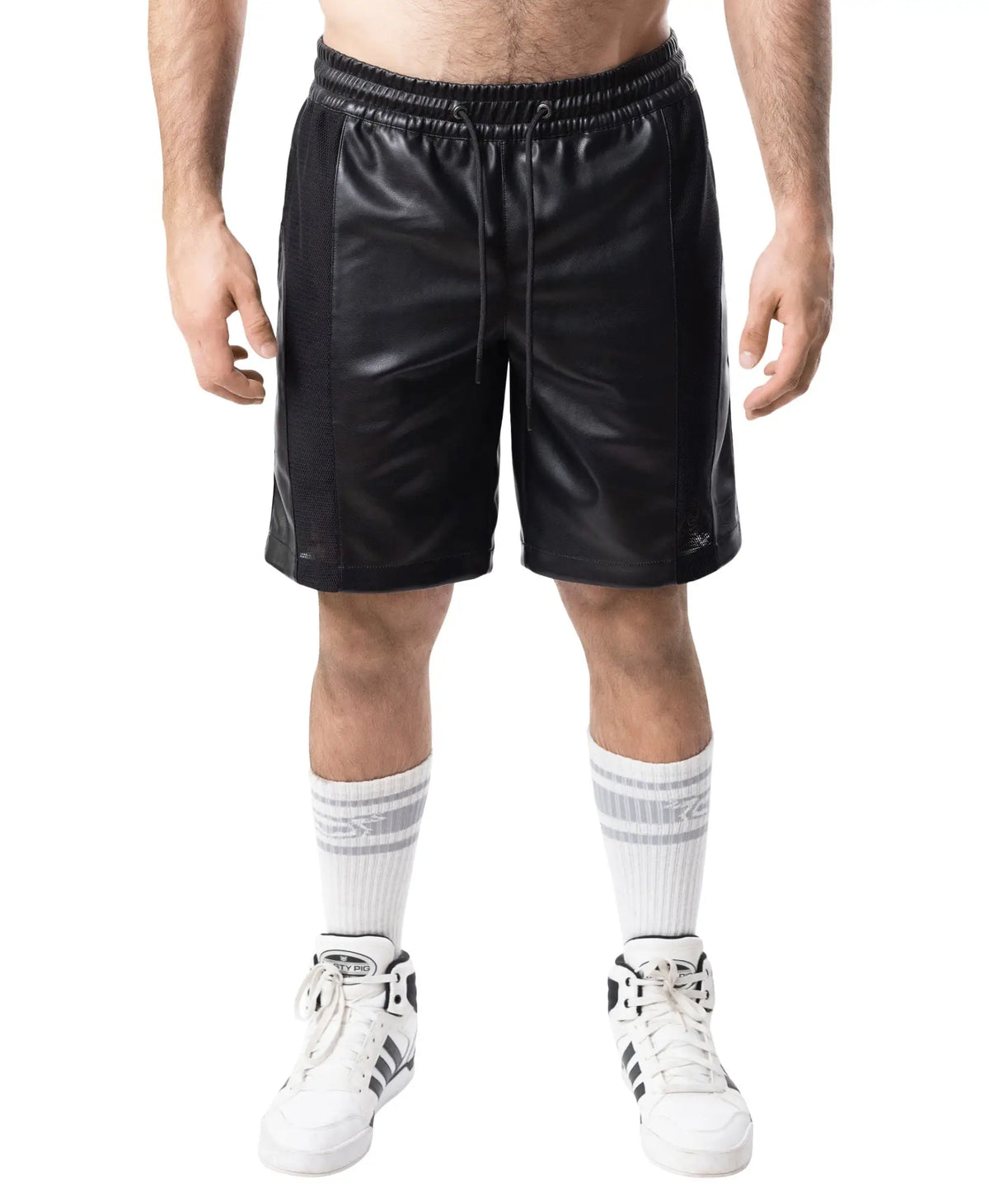Intake classic short black faux leather shorts with drawstring waistband and side seam stitching front view