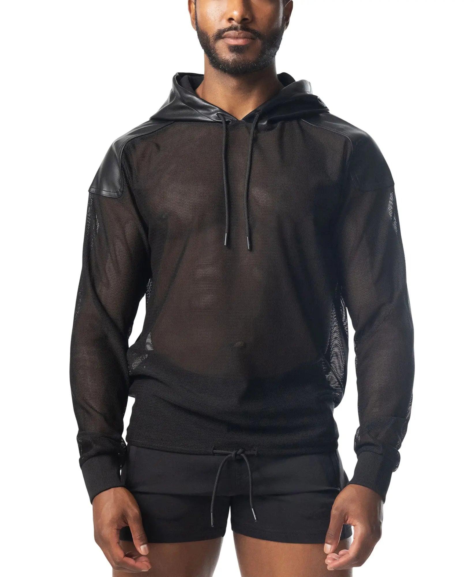 Intake hooded long sleeve black mesh hoodie with faux leather shoulder panels and drawstring hood front view