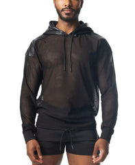 Intake hooded long sleeve black mesh hoodie with faux leather shoulder panels and drawstring hood front view