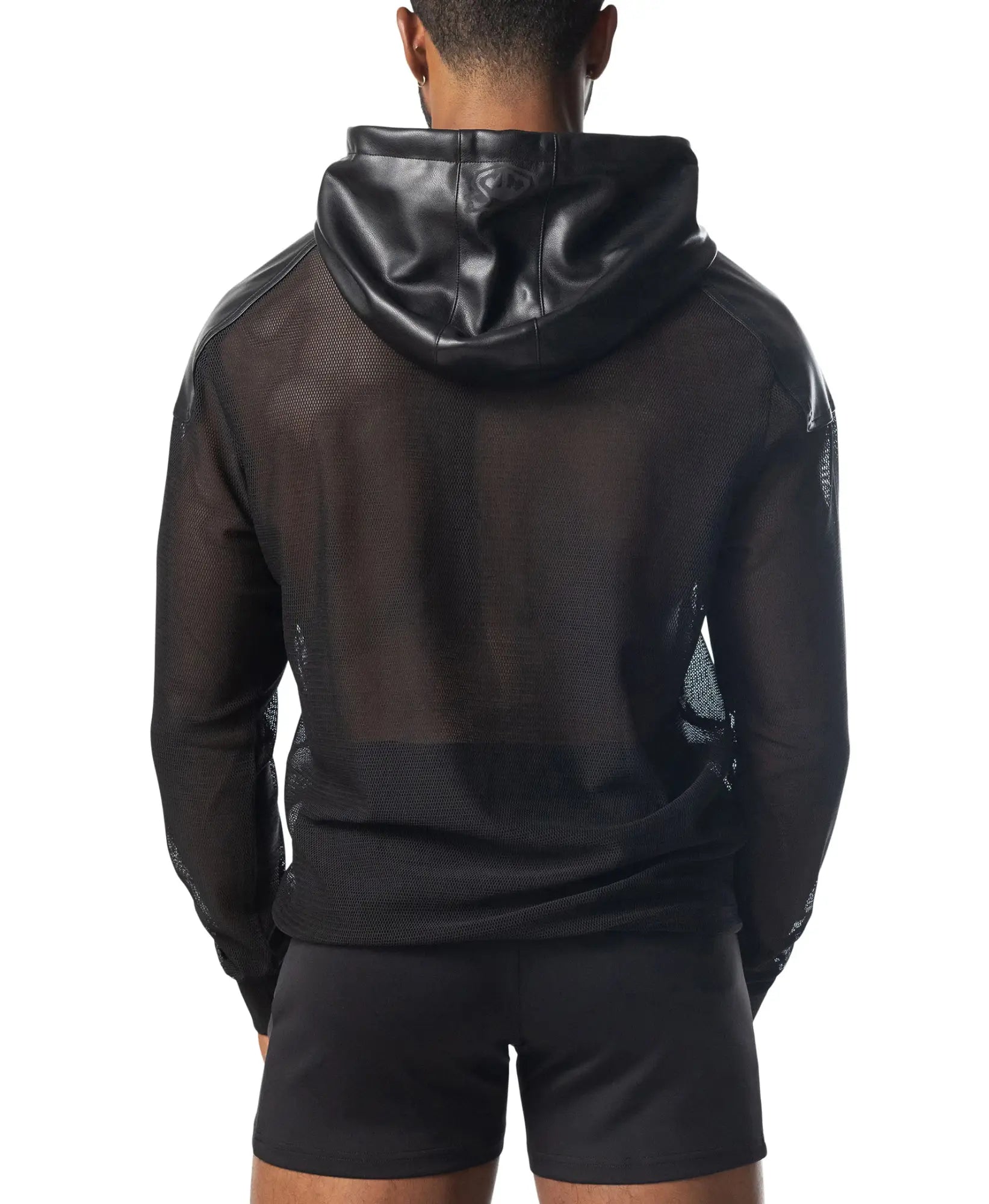 Intake hooded long sleeve black mesh hoodie with shiny faux leather hood front view